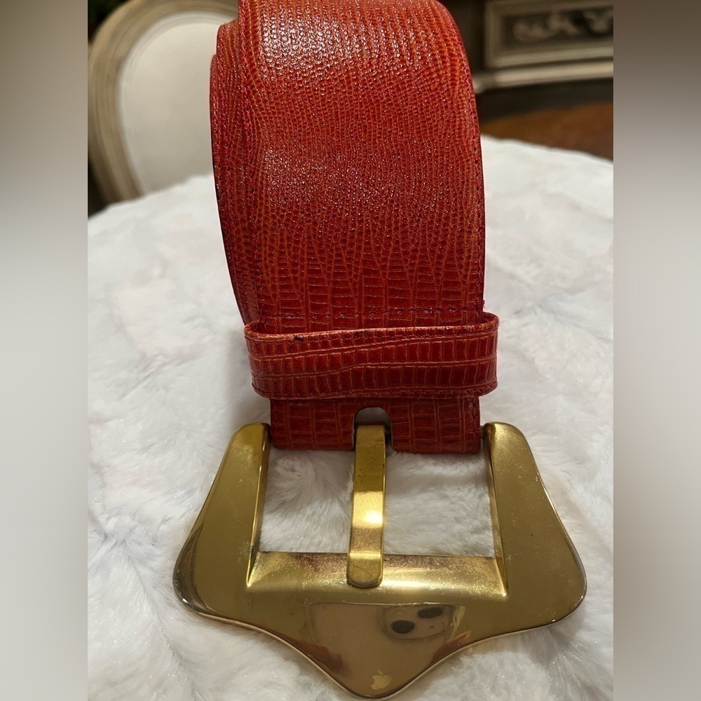 Unbranded, orange leather belt, small medium 2 inch